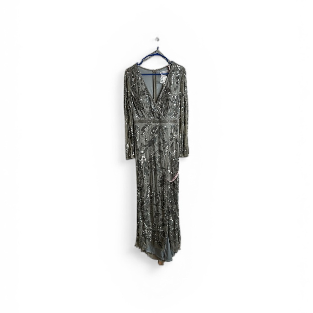 Mac Duggal Womens 6 Gray Sequins Jeweled Faux Wrap Maxi Gown Ball Dress NWT 6151